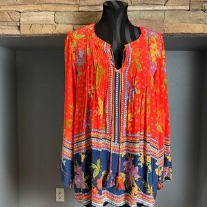 Love Kyla Floral Sheer Vacation Top Boho Coastal 70s Tassel Tie Orange Blue XL